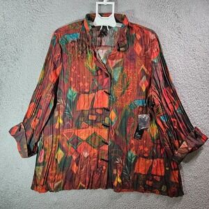NEW Ali Miles Shirt Top Women 2X Button Up Painting Print Maroon‎ Orange Tone